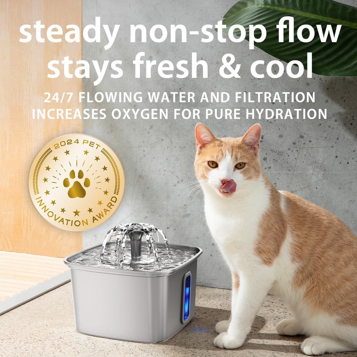 Veken Innovation Award Winner Stainless Steel Cat Water Fountain, 108oz/3.2L Automatic Pet Fountain Dog Water Dispenser with 3 Replacement Filters & Silicone Mat, Gifts for Cats, Dogs (Silver) — view 5