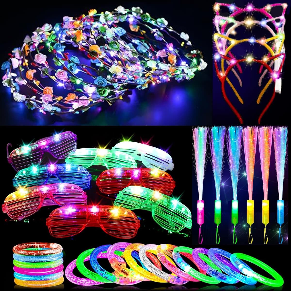 Defresit Glow Sticks Party Favors – 48 PCS LED Light Up for Adult, Flashing Glasses, Bracelets, Headbands, Fiber Optic Wand – Party Decorations