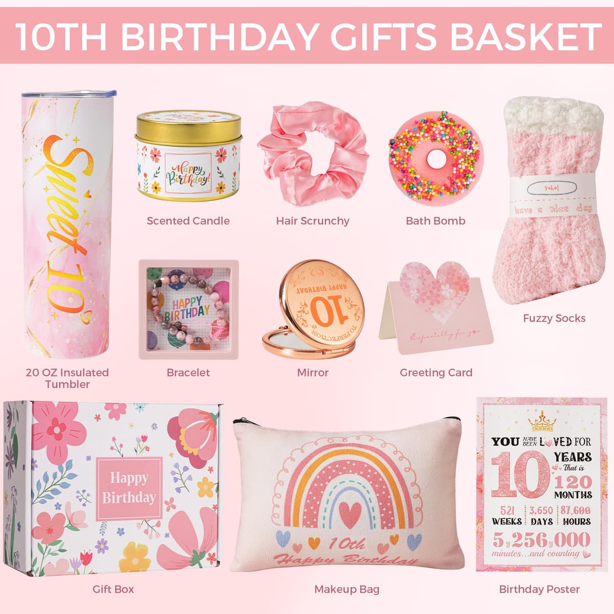 10th Birthday Gifts for Girls,Best Gifts Basket Presents Ideas for Turning 10 Year Old Girls,Happy Sweet 10th Birthday Pamper Hamper Box Kit for Sister Daughter Granddaughter Niece Teenage Teen Her — view 4