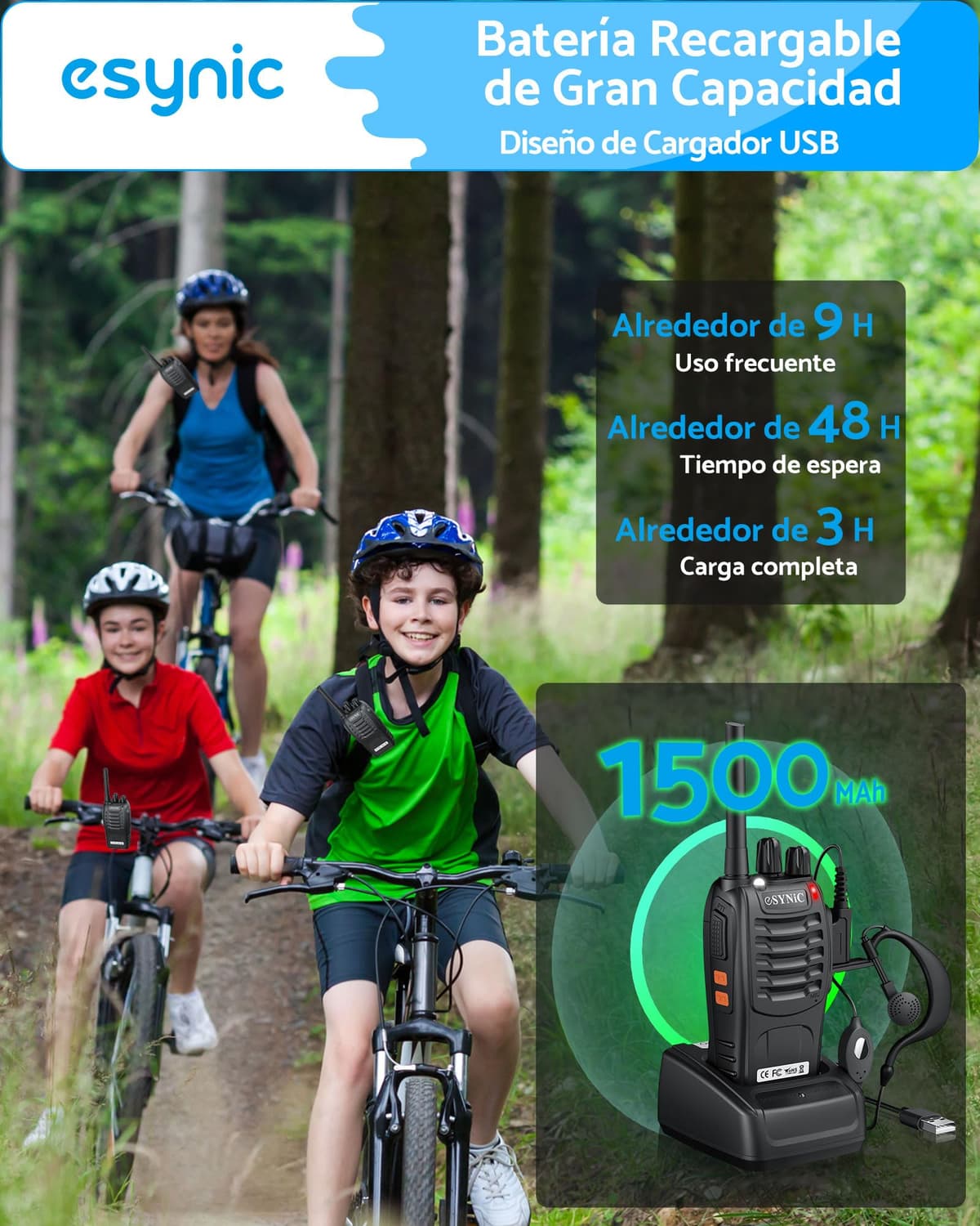 eSynic 4PCS Walkie Talkies de Larga Distancia con Auriculares Walkie-Talkie Profesional 16 Canales 1500mAh con Cargador USB Soporta VOX para Sobrevivir en el Campo Ciclisimo — view 5