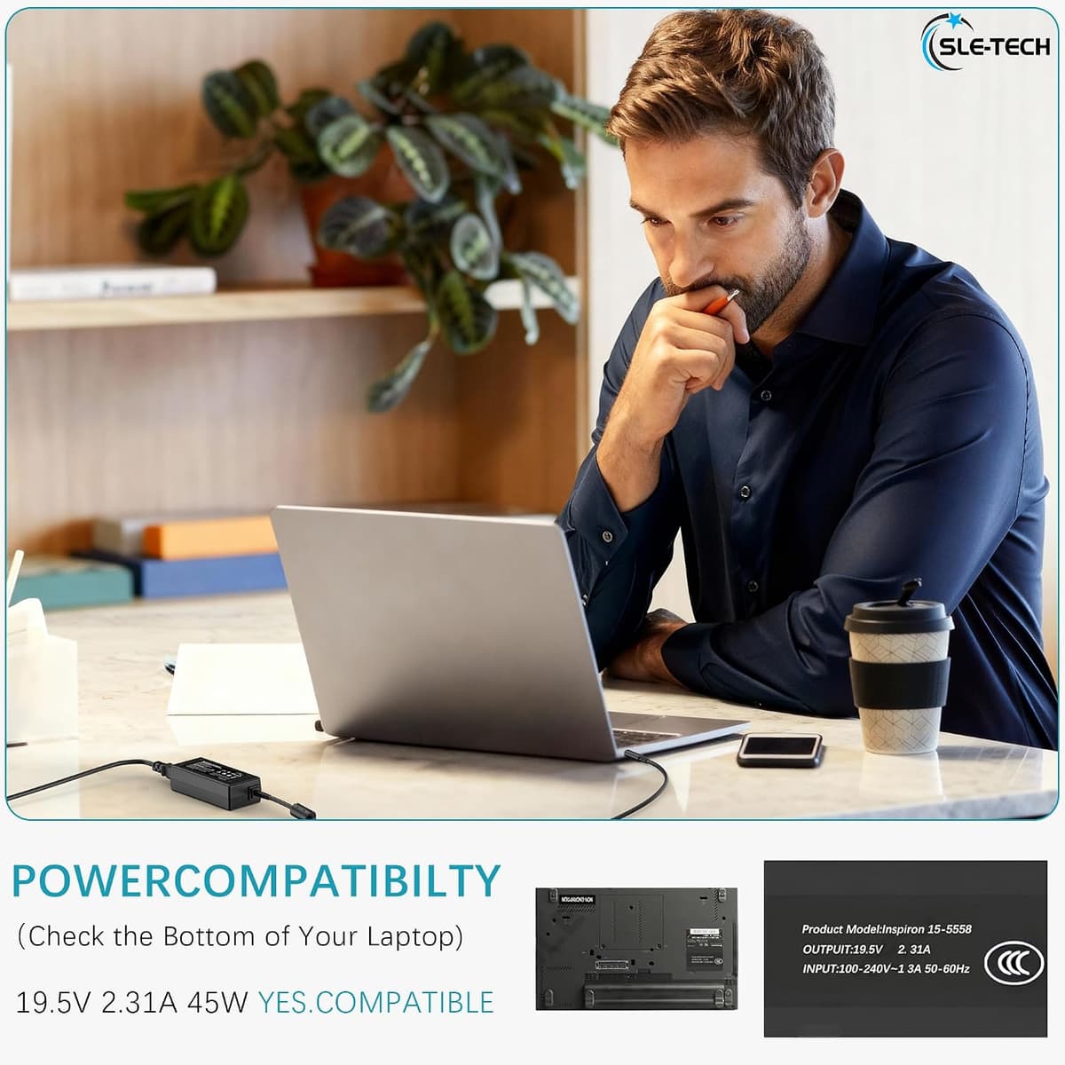 SLE-TECH 45W Laptop Charger for Dell Inspiron 11 13 14 15 17 3000 5000 7000 Series, 19.5V 2.31A Power Adapter for Latitude 3140 3520 3420, XPS 13, Vostro 3420 3520, 4.5mm * 3.0mm Round Tip AC Cord 45w barrel — view 3