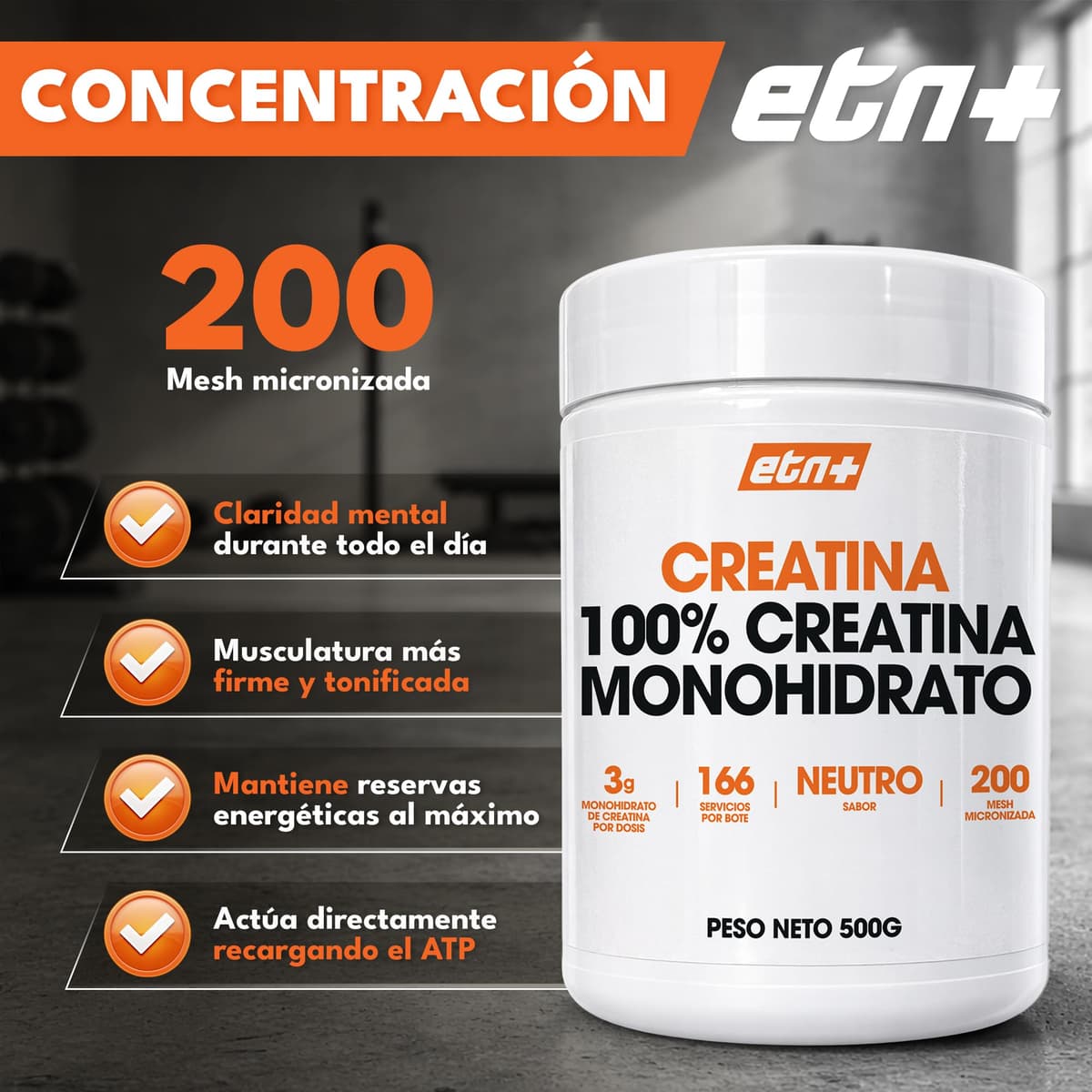 ETN+ Creatina Monohidrato 100% Micronizada 500 g | Creatina Pura 200 Mesh | 3 g por Dosis 166 Servicios| Vegana Sin Gluten Sin Azucar | Incluye Dosificador | Sin Sabor — view 4