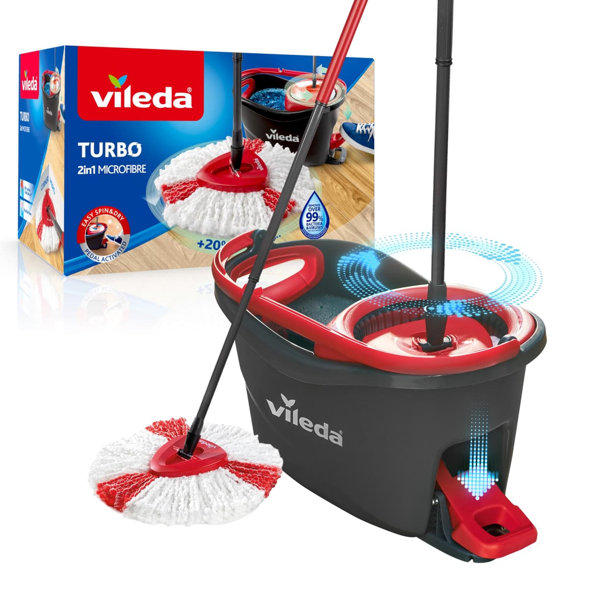 Vileda Turbo - Set de fregado con Cubo con Pedal - Palo telescópico 85-123 cm - Sistema de fregado de Suelos con escrruido Giratorio- Recambio de Microfibra 2 en 1 - Color Gris y Rojo