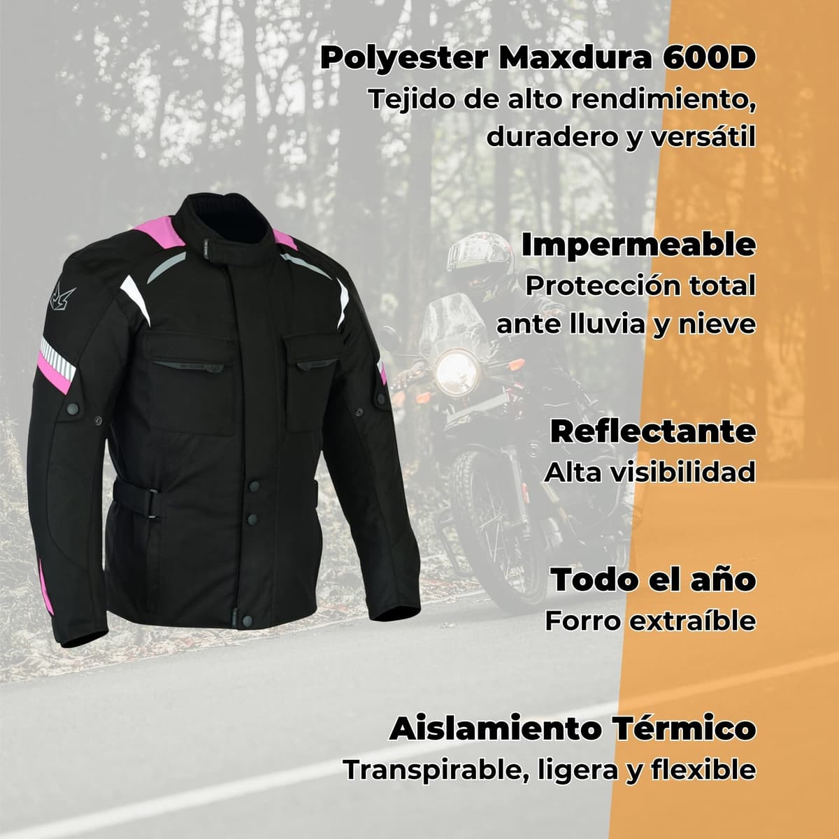 Chaqueta Moto Mujer 4 Estaciones Impermeable con Protecciones CE incluídas y Forro Extraíble — view 2