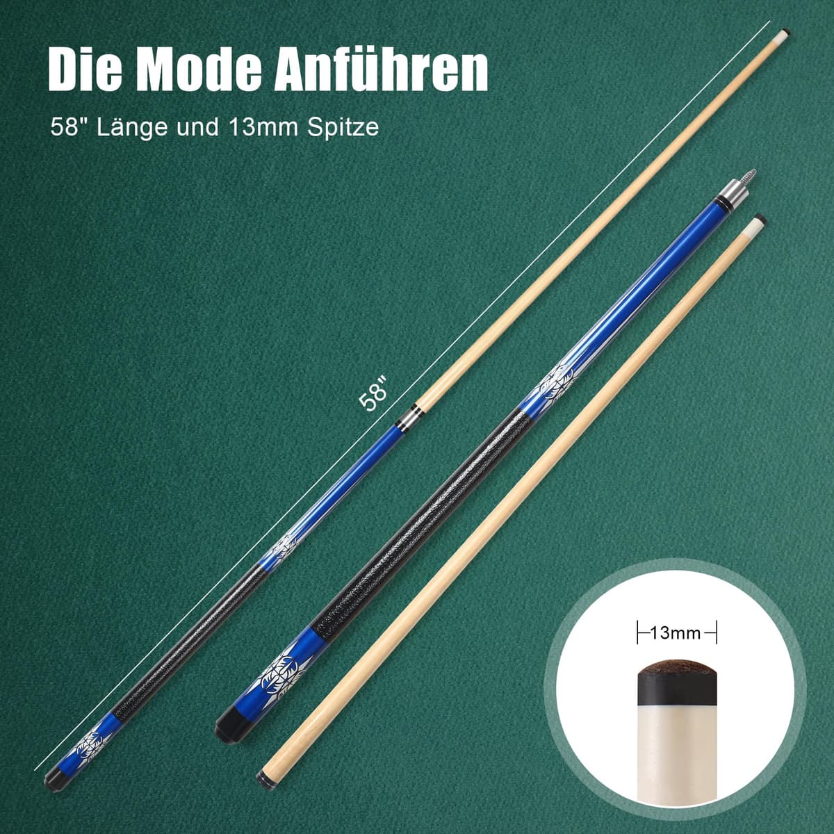 ASMPCUE Taco de Billar de 58 Pulgadas, Tacos de Billar de Madera Dura, Puntas de 13 mm para Jugadores de Billar Profesionales, Palos de 1/2 para Billar y Deportes — view 2