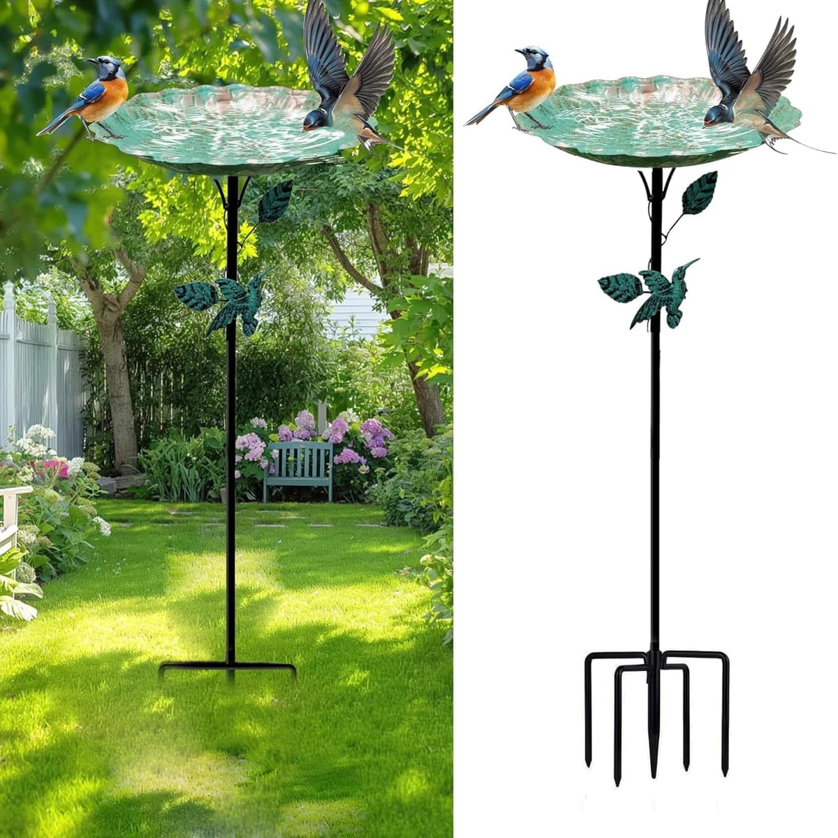 32In Bird Bath for Garden, Vintage Bird Hummingbird Baths Feeder Bowl, Freestanding Birdbaths and Supports with 5 Prongs Base Stake for Outdoors Garden Patio Yard Lawn Decor Birds Supplies