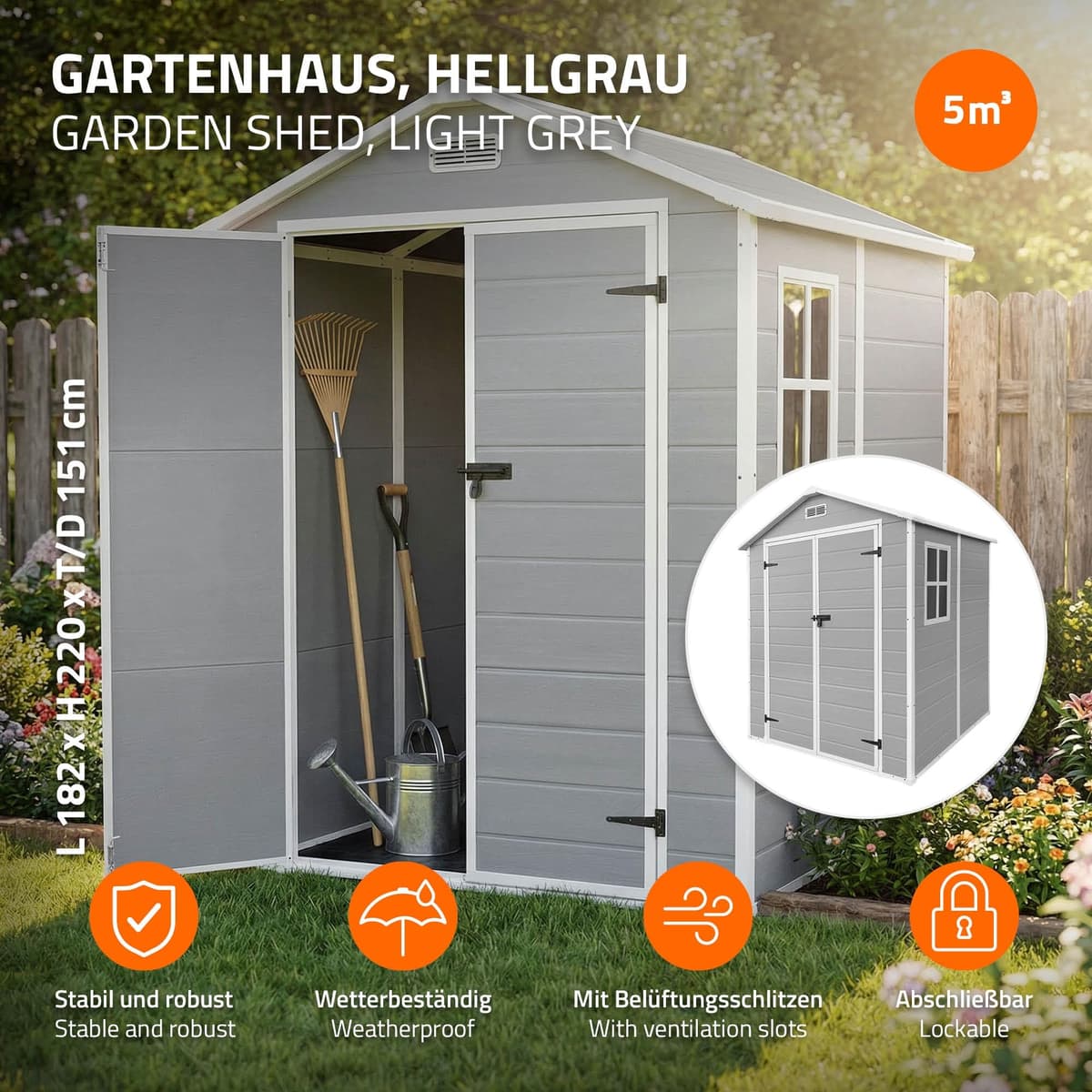 ECD Germany Caseta de Jardín con Suelo, 5m³ 151x182x220 cm Gris Claro, Cobertizo Exterior de Plástico para Almacenamiento de Herramientas, con Tejado en Dos Aguas, Puerta y Ventana de Ventilación — view 2