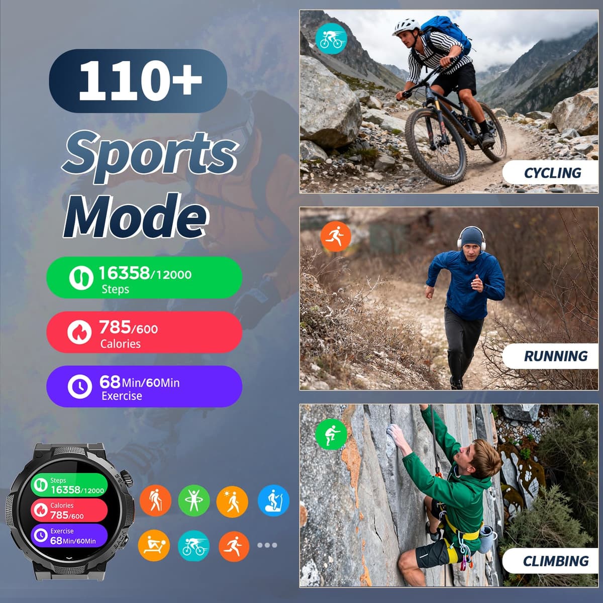 Smart Watches for Men (Answer/Make Call), 1.53" HD Military Smartwatch, 50+ Days Extra-Long Battery Life Fitness Watch , Flashlight/110+Sports/Heart Rate/Sleep Monitor/IP68 Waterproof Android iOS — view 6