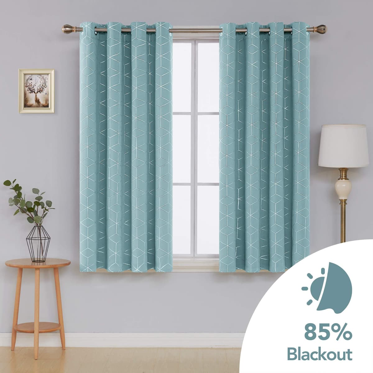 Deconovo Set of 2 Sky Blue Blackout Curtains, Thermal Insulation, Anti-Cold, Diamond Printed Curtains for Living Room, 132 x 114 cm, Children, Bedroom Curtain — view 2