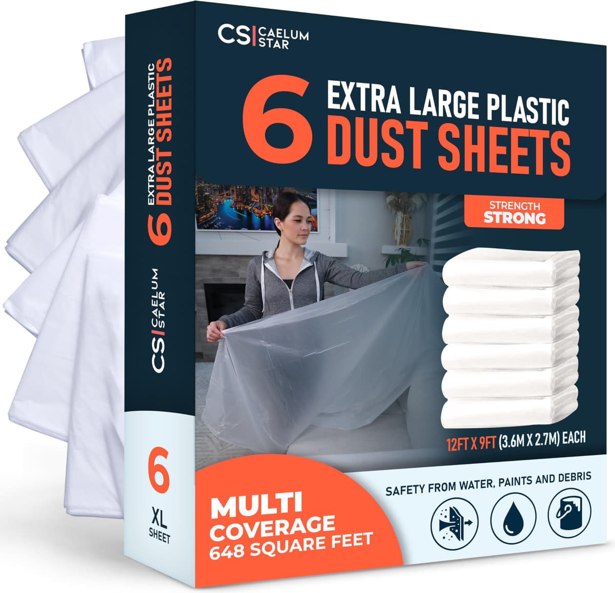 CS 6 Pack Plastic Dust Sheets for Decorating 3.6 x 2.7m (12x9 ft), Extra Large Dust Sheets for Painting, Clear Plastic Sheet Polythene Sheeting Painting Tools, Decorating Tools, Home Improvement — view 11