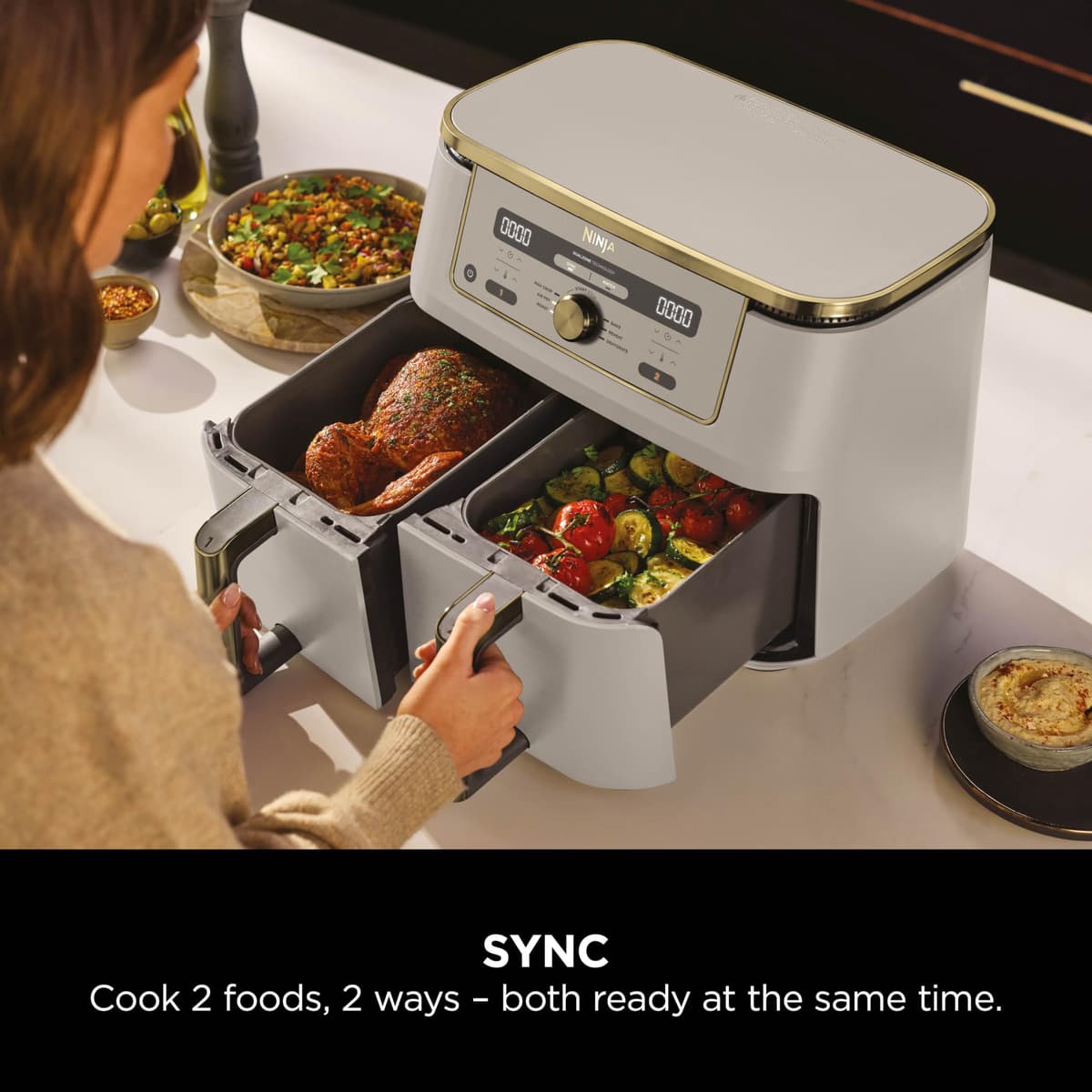 Ninja MAX Dual Zone Digital Air Fryer, 2 Drawers, 9.5L, 6-in-1, Uses No Oil, Air Fry, Max Crisp, Roast, Bake, Reheat, Dehydrate, Non-Stick, Dishwasher Safe Baskets, Stone Gold DZ400UKSTGD — view 3