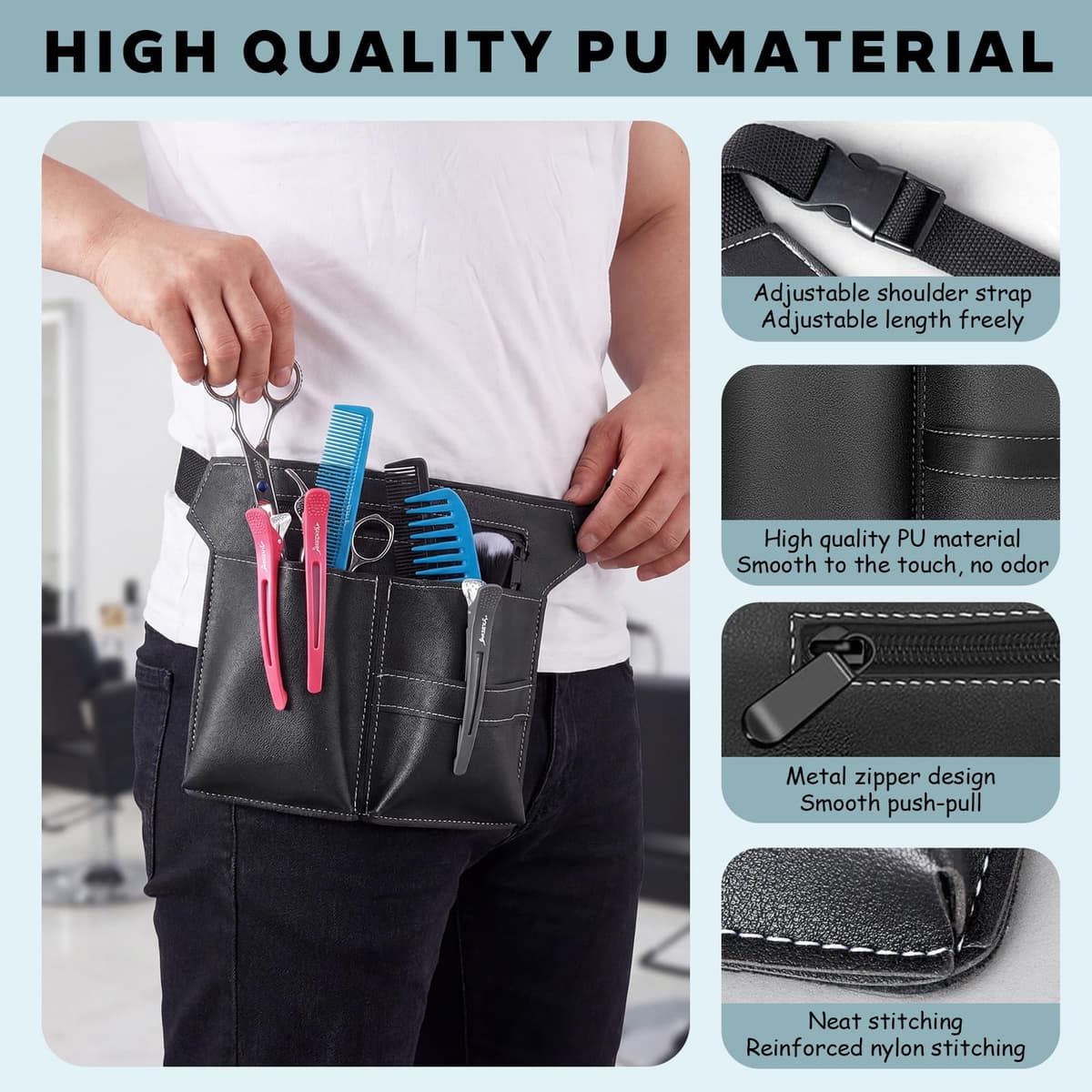 Friseur Tasche, Bolsa de Peluquería, Estuche para Herramientas de Peluquería, Bolsa de Peluquería de PU Negro, Grande Cinturón Portátil Negro para Tijeras, Peines y Herramientas de Peluquería — view 3