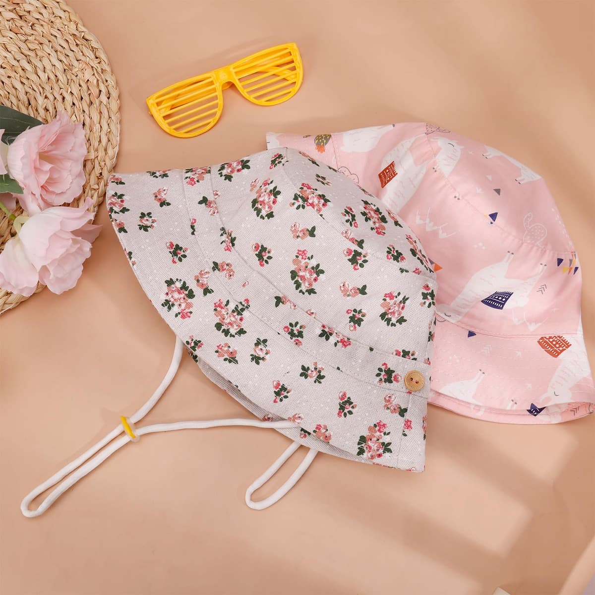 2 Pieces Toddler Sun Hat Kids Bucket Sun Hat Baby Cute Print Summer Hat with Adjustable Head Drawstring and Chin Strap Outdoor Kids Summer Protection Bucket Hats — view 5
