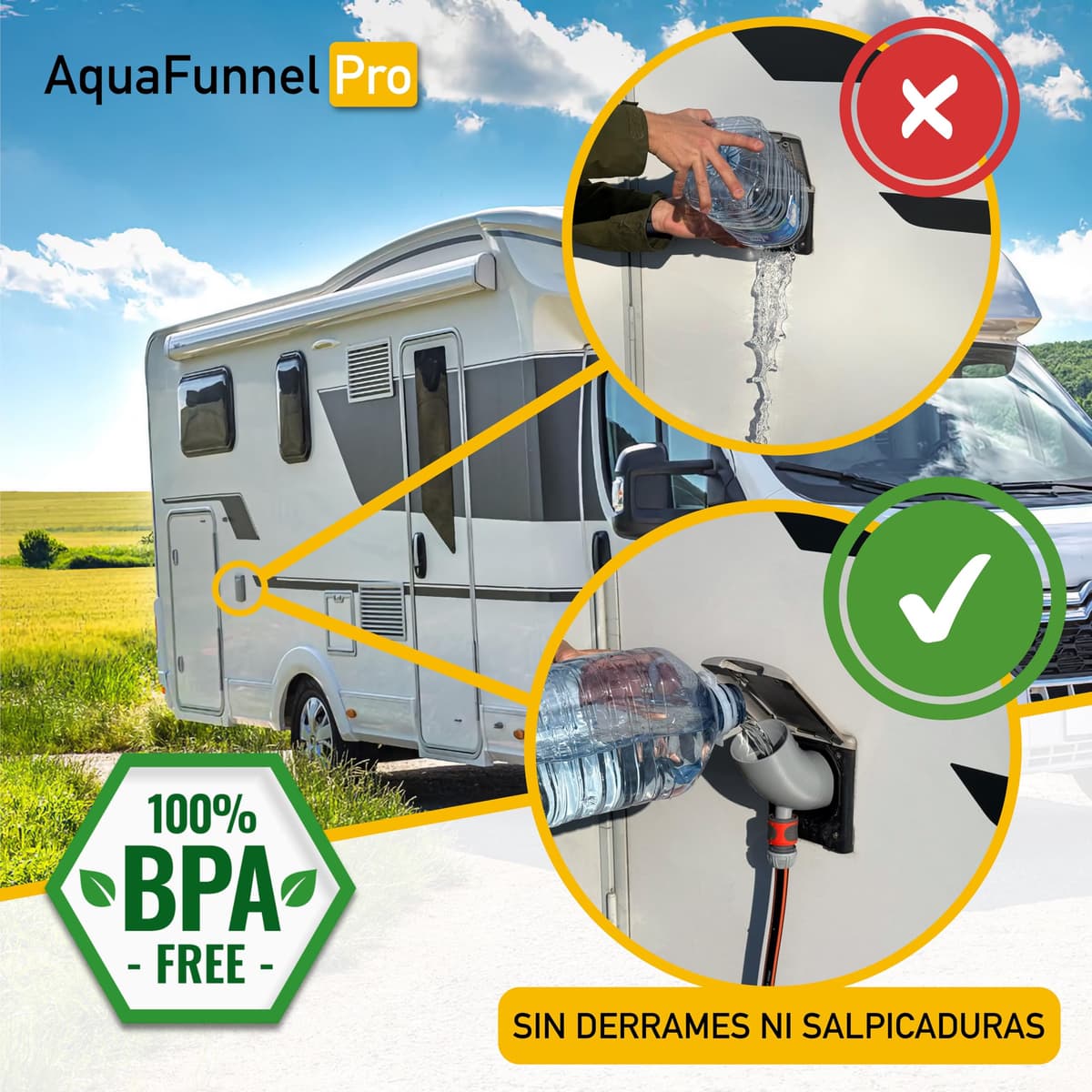 AquaFunnel Pro – Embudo para depósito de agua limpia de autocaravanas y campers, compatible con tapones estándar europeos, llenado con botellas y manguera. (68 mm - 3 pins) — view 4