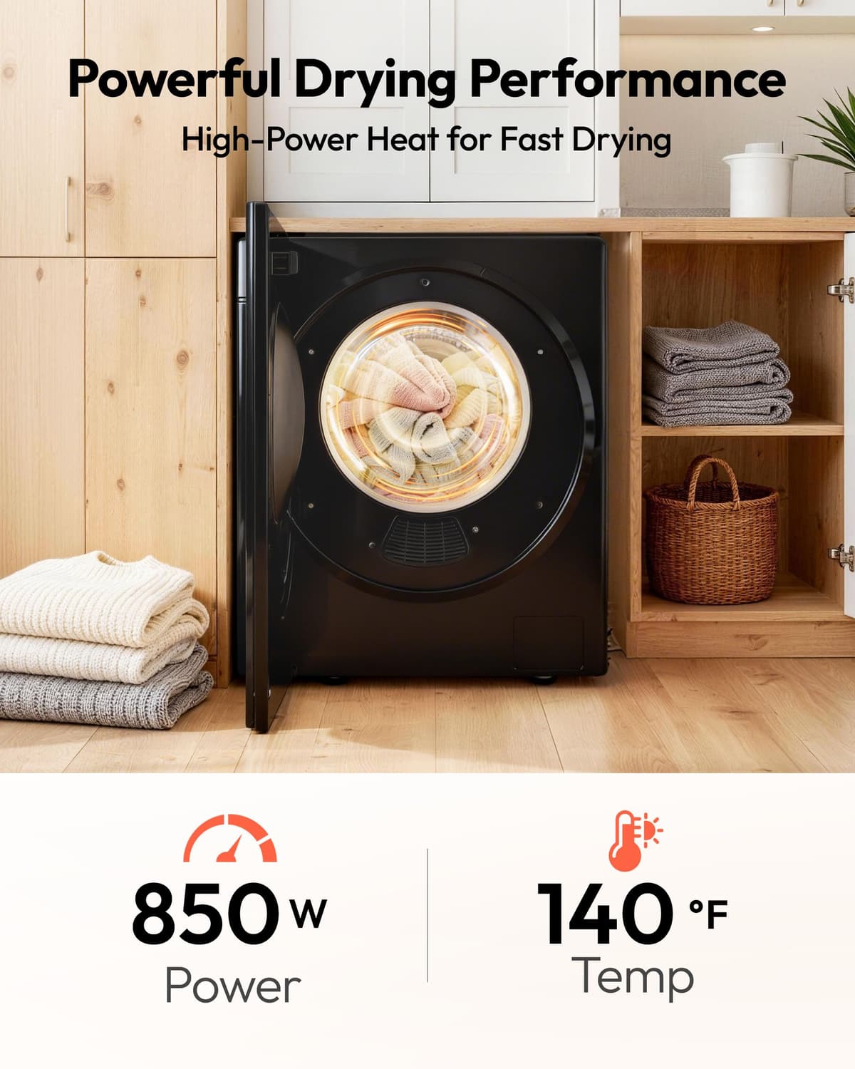 EUHOMY 1.5 Cu.ft Portable Dryer with 4 Drying Programs, 5.5lbs Clothes Capacity, Mirror Finish & LCD Panel, 850W Portable Clothes Dryer for Apartment, Dorm & RV, Black & White — view 3