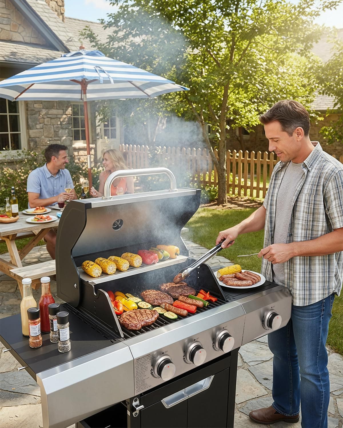 EUHOME 40,500 BTU 3-Burner Propane Gas Grill with Side Burner,Stainless Steel Outdoor BBQ Grill Portable with Wheels and Cast Iron Grates for Patio Garden Barbecue Cooking — view 2