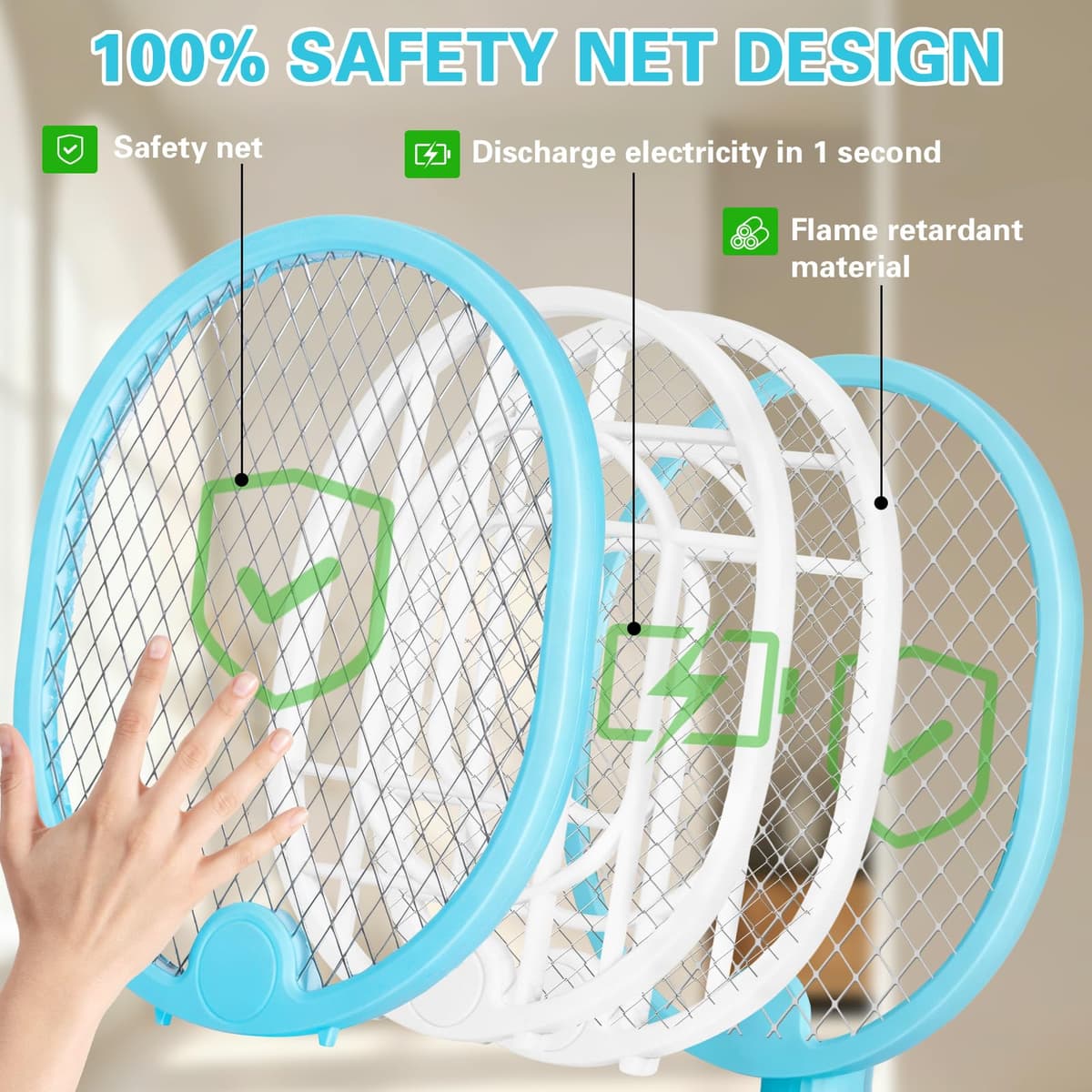 Raqueta Eléctrica Anti-Mosquitos Extra Potente 3000V, 3 en 1 con Luz UV Atractiva, Matamoscas Eléctrico Recargable USB-C, Silencioso, Plegable y Seguro para Dormitorio, Cocina y Jardín (Azul) — view 5