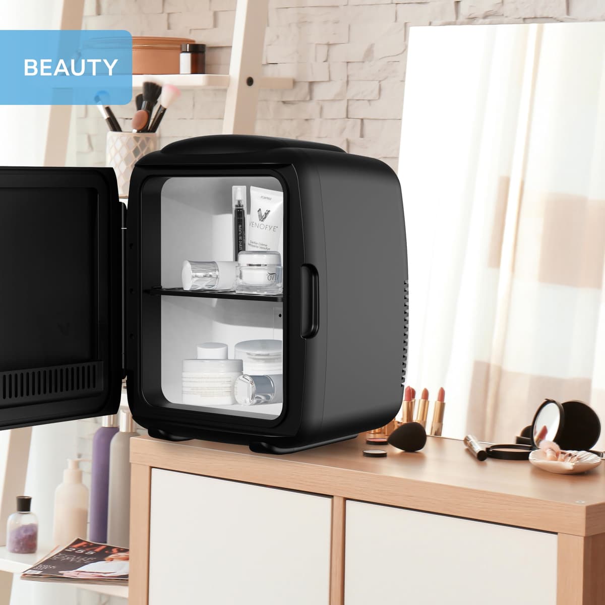 MONCOOK Mini Fridge For Bedrooms - Small, Portable & Quiet Mini Fridges For Skincare, Medicine, Food & Drinks - Cooling & Warming Function - Perfect For Home, Office, Car Or Travel - 14L - Black Mono — view 5