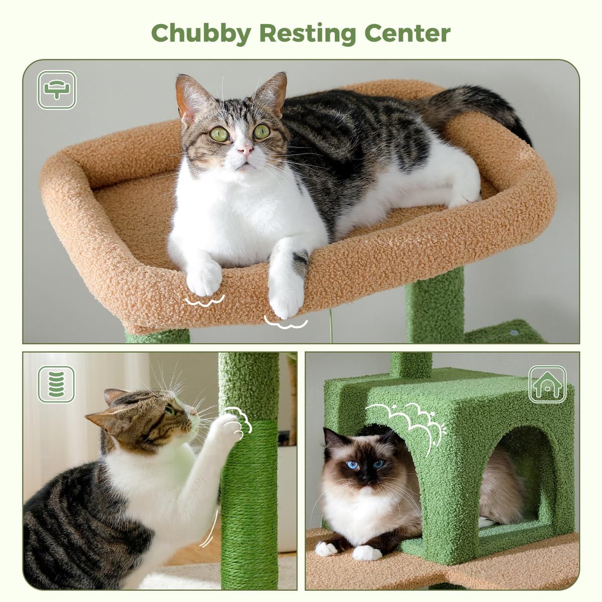 PAWZ Road Cactus Cat Tree Big Cat Tower 143cm, Activity Center Stable and Sturdy, 56.3 Inches Cat Tree with Hammock and Lovely Cat House Size L Green — view 4
