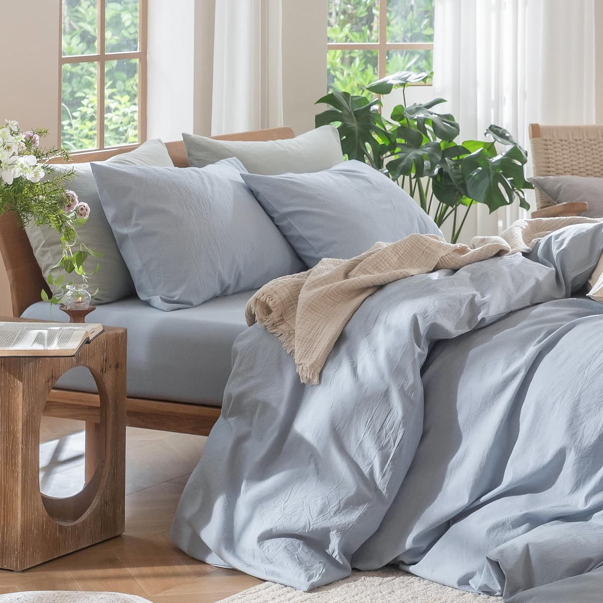 MooMee Bedding Duvet Cover Set 100% Washed Cotton Linen Like Textured Breathable Durable Soft Comfy (Tannish Linen Grey, King) — view 204