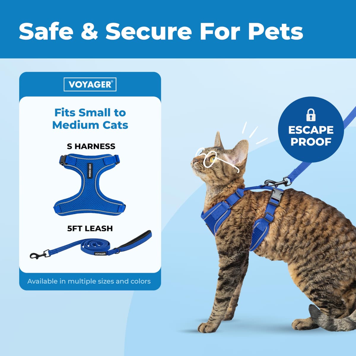 Voyager Escape Proof Cat Harness and Leash Set with Reflective Stitching, Neoprene Handle 5ft - Supports Small, Medium and Large Cats, Kittens for Walking by Best Pet Supplies - Royal Blue, S — view 2