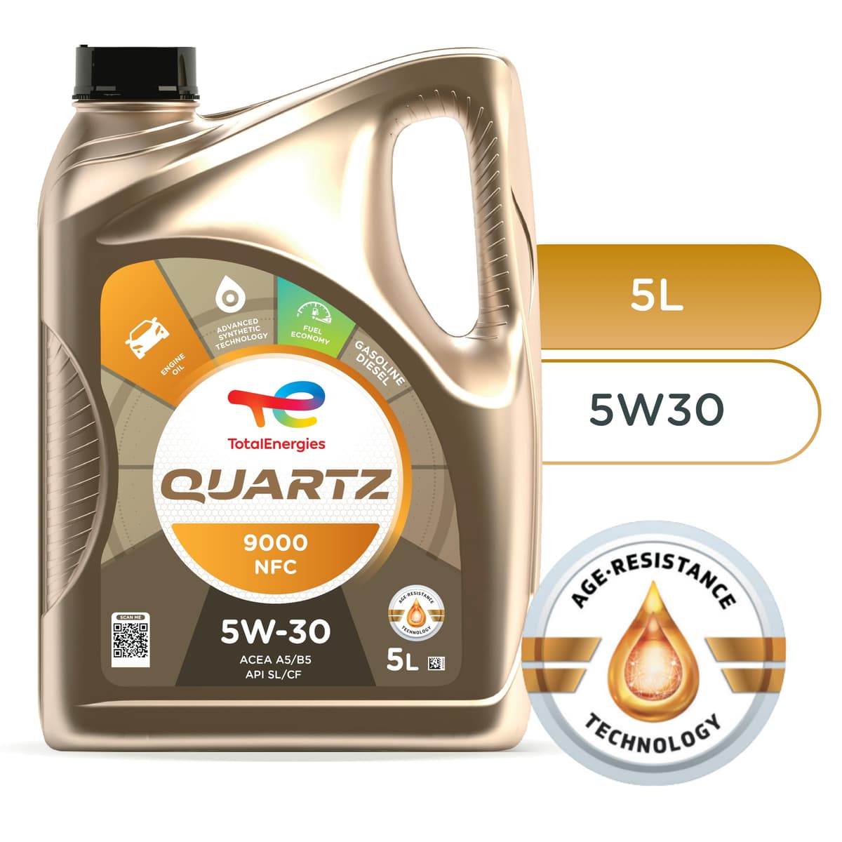 TotalEnergies Quartz 9000 NFC 5W30 Engine Oil - ACEA A5/B5, API SL/CF - Age-Resistance Technology - Fuel Economy Formula - Advanced Synthetic Motor Oil Lubricant - 5L — view 3