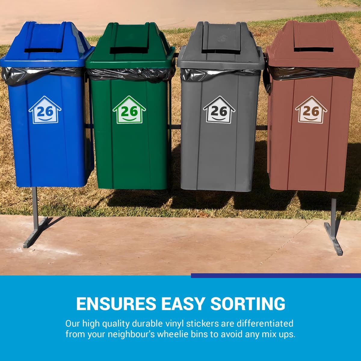 4 x Bin Numbers for Wheelie Bins, 1-99, 15cm ‘Happy House’ Colour Design Dustbin Stickers, Easy Application Stick On Number Stickers - Weatherproof Self Adhesive Vinyl – Blue, Black, Green, Brown (26) — view 3