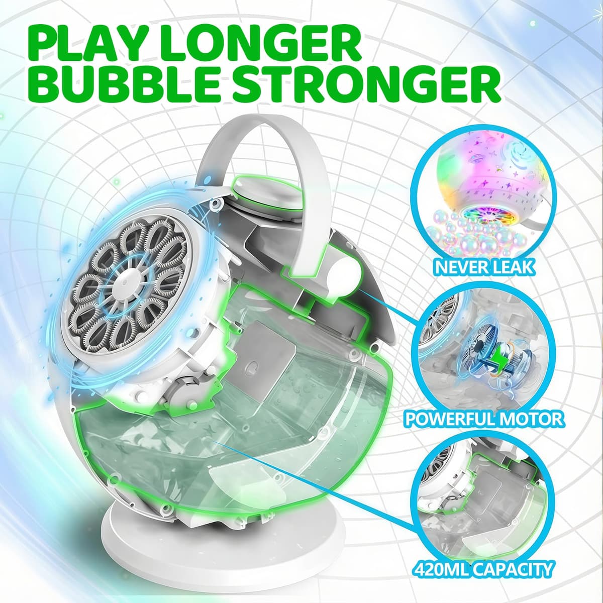 Tecnock Máquina de Burbujas Recargable con Mando a Distancia, Rotación 90°/360°, 20000+ Burbujas/Min, Luces LED de 7 Colores, Batería 1200 mAh, 45 Min de Autonomía, USB-C, para Niños, Fiestas y Bodas — view 3