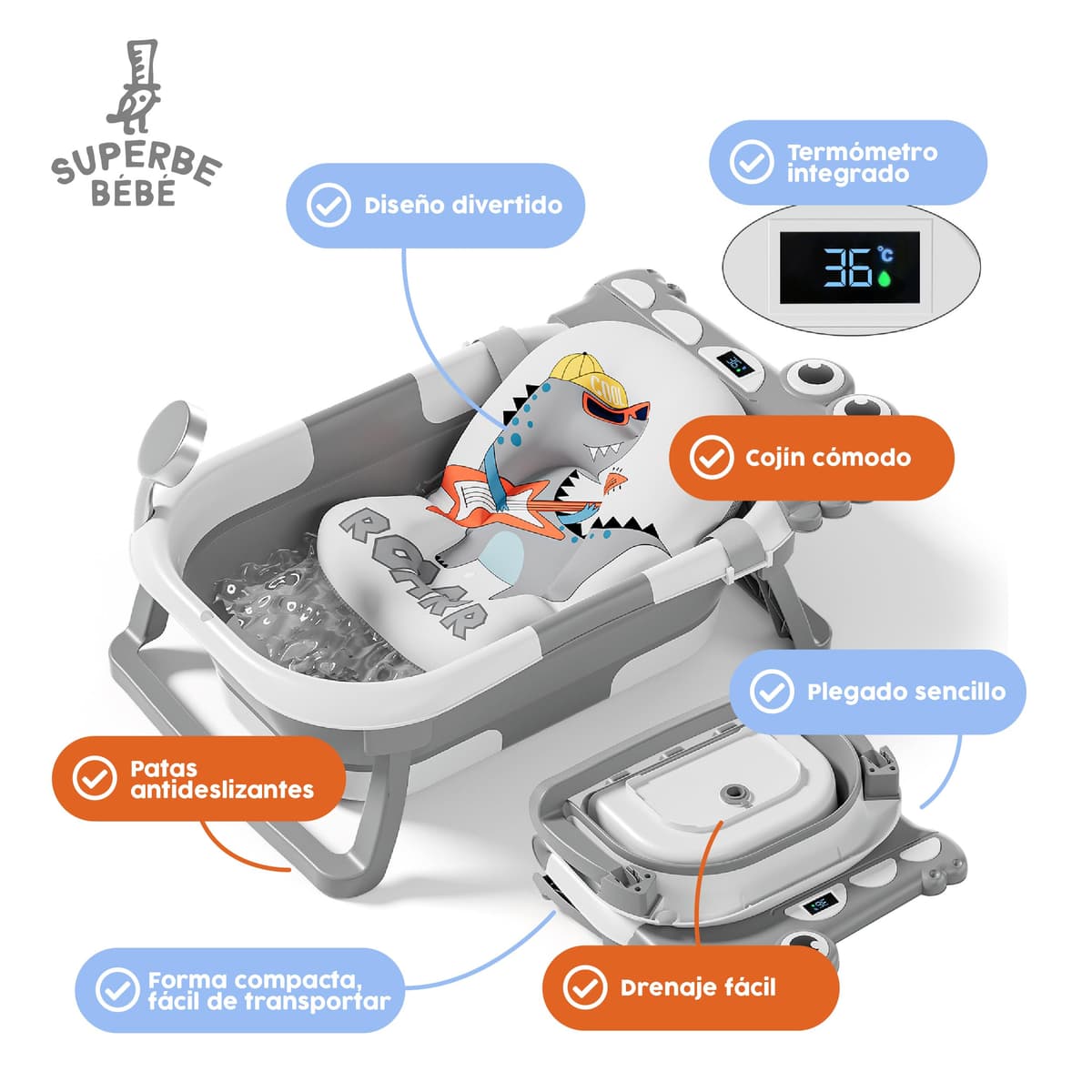 Bañera Plegable Bebé Con Cojín De Baño Antideslizante - Bañera Bebe Plegable Con Termómetro - Asiento bañera Bebe - Desde El Nacimiento Hasta Los 3 Años - Regalos De Nacimiento (GRIS, DINO) — view 8