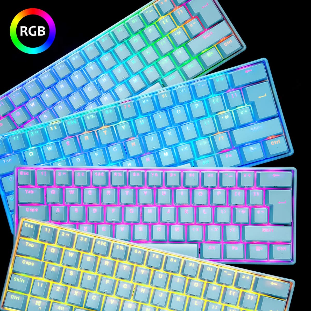 UrChoiceLtd UK61 60% Teclado mecánico para Juegos Tipo C Cableado 61 Teclas Retroiluminación LED Teclado Impermeable USB Retroiluminación RGB Teclas Anti-Fantasma para computadora/PC/Laptop/Mac — view 3