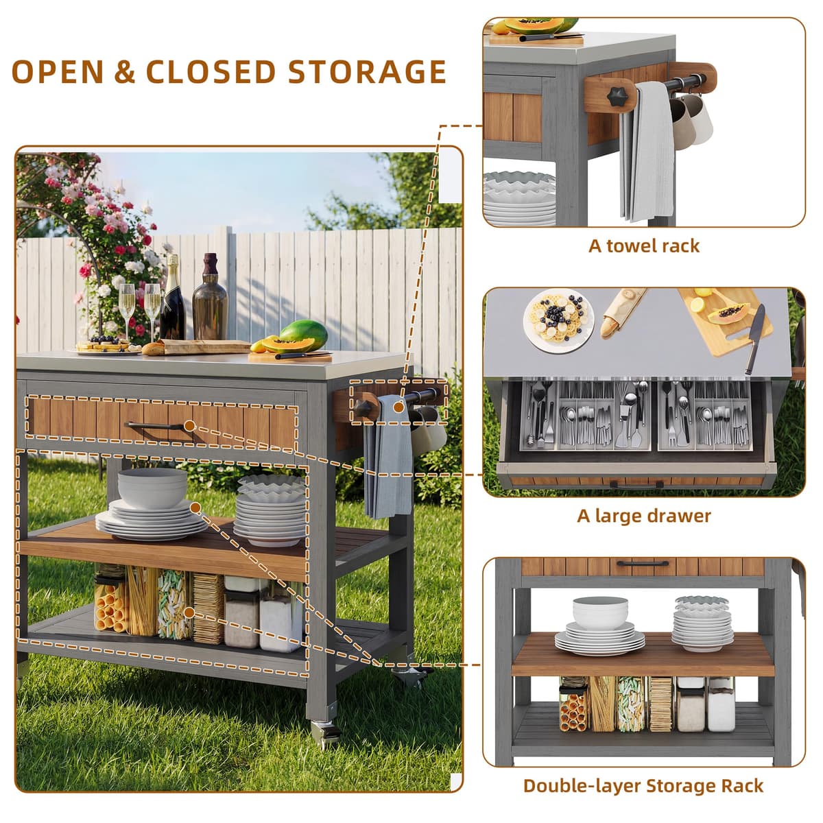 Merax Outdoor Kitchen Unit, Rustic, 80x51x91.5cm, Natural F, Solid Wood, with Wheels, Stainless Steel Worktop, Drawer, Double Shelf, Towel Rack — view 5