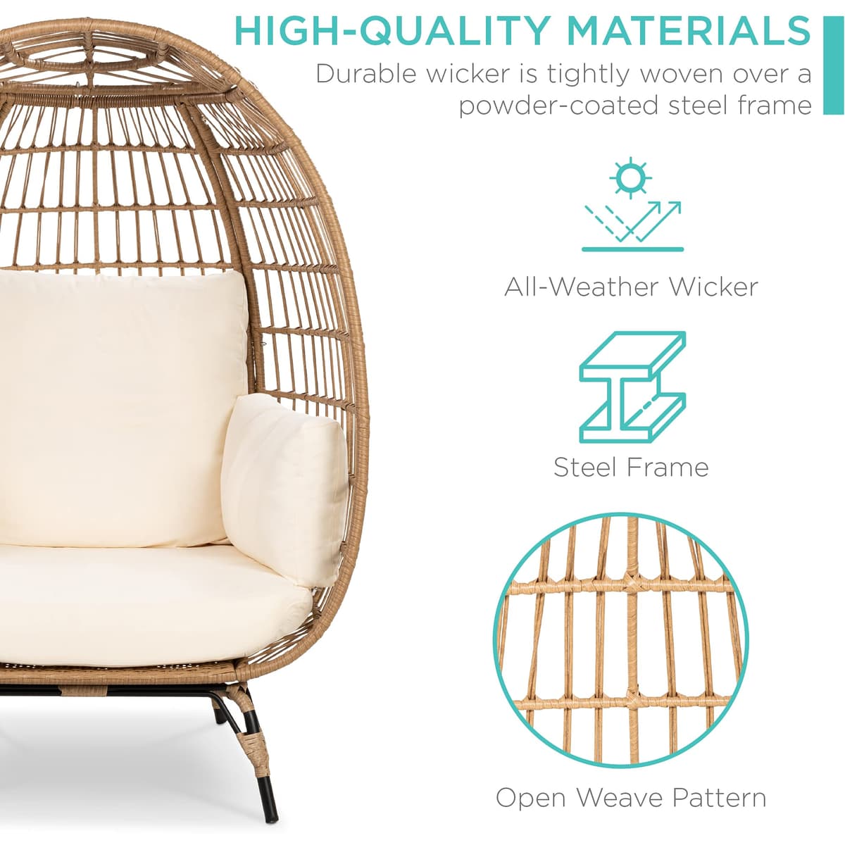 Best Choice Products Wicker Egg Chair, Oversized Indoor Outdoor Lounger for Patio, Backyard, Living Room w/ 4 Cushions, Steel Frame, 440lb Capacity - Ivory — view 6