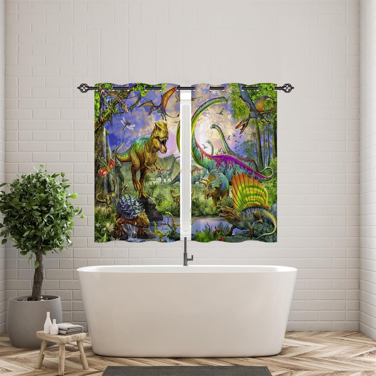 ANHOPE Dinosaur Curtains Eyelet Ring Top Thermal Insulated 80% Blackout Curtains with Jungle Animal Dino T-Rex Print Pattern Window Drapes for Kids Boys Girls Bedroom 28 x 54 Inch Drop 2 Panels — view 3
