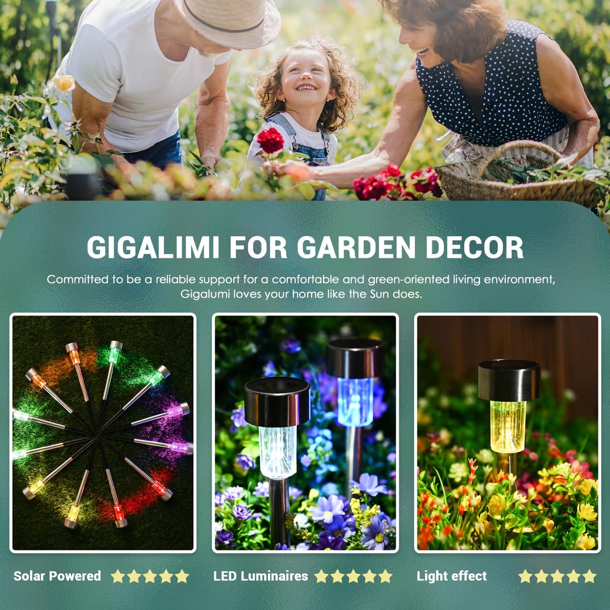 GIGALUMI Solar Lights Outdoor Garden Waterproof,12 Pack,Stainless Steel LED Solar Garden Lights for Patio, Lawn, Yard and Landscape Decor, Color Changed — view 2