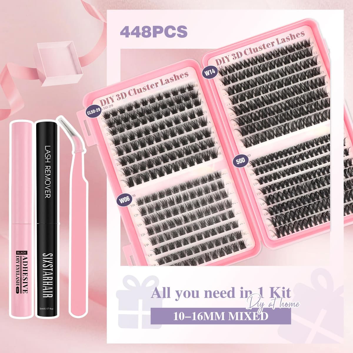 Sixstarhair Eyelashes Individual Kit Wispy Cluster Lashes with Lash Glue and Remover, Tweezers, Natural Individual Lashes Kit 448Pcs DIY Eyelash Extension Kit 4 Styles Lash Clusters Book 10-16mm — view 4