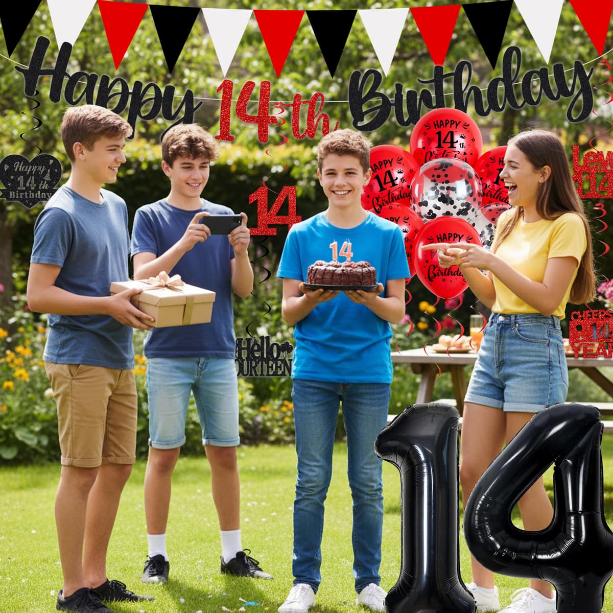 14th Birthday Decorations for Boys Girls - Black Red Glitter Happy 14th Birthday Letter Banner and Pennant Flags, Number 14 Foil Balloons and Hanging Swirls for 14 Years Old Children Party Supplies — view 5