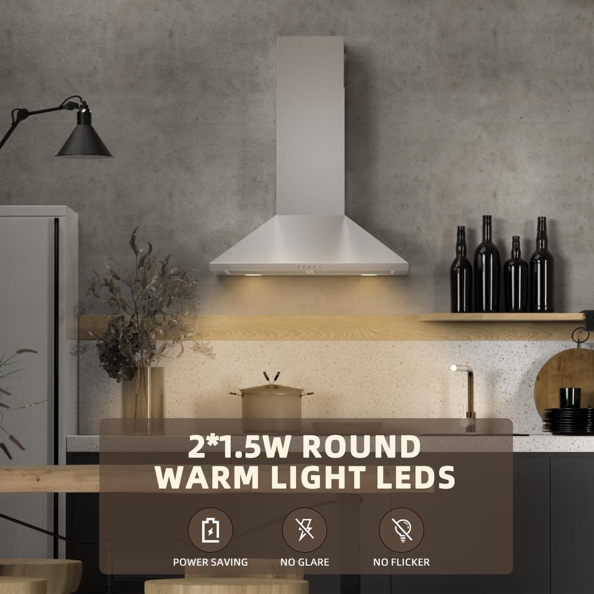 FIREGAS 60 cm Chimney Cooker Hood with Brushless Motor,Stainless Steel Extractor Hood with LED and Recirculating & Ducting System Wall Mounted Range Hood with Recirculating Carbon Filter — view 3