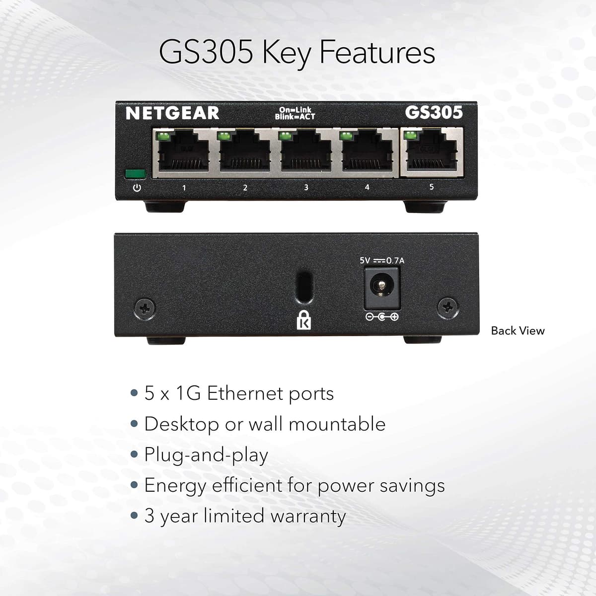 NETGEAR 5 Port Gigabit Network Switch GS305 - Ethernet Splitter - Ethernet Switch - Ethernet Hub - Plug-and-Play - Silent Operation - Desktop or Wall Mount — view 5