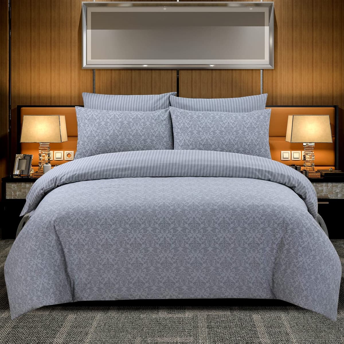 DTEX HOMES Double Duvet Set 100% Pure Cotton Reversible Printed Hotel Quality Duvet Cover Ultra Soft Easy Care double bedding Set Super Soft and Luxury Duvet Cover Sets (Balia Silver)