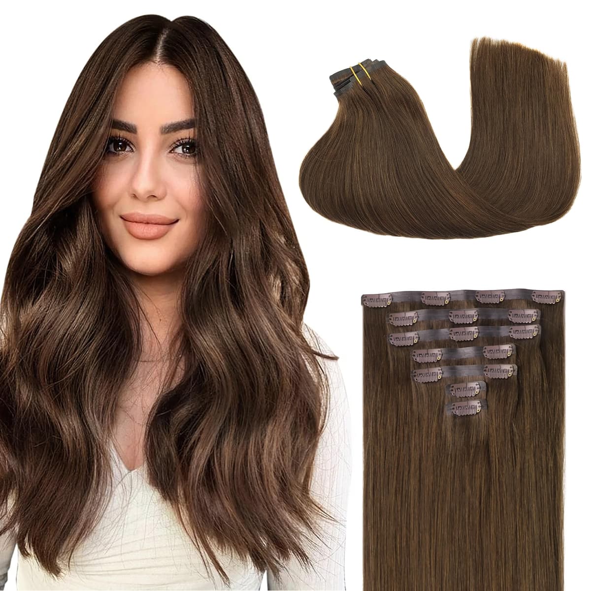 GOO GOO Clip in Hair Extensions Human Hair, 18inch 150g 9Pcs, #2 Dark Brown, Hair extensions for women, Human Hair Extensions Clip in — view 54