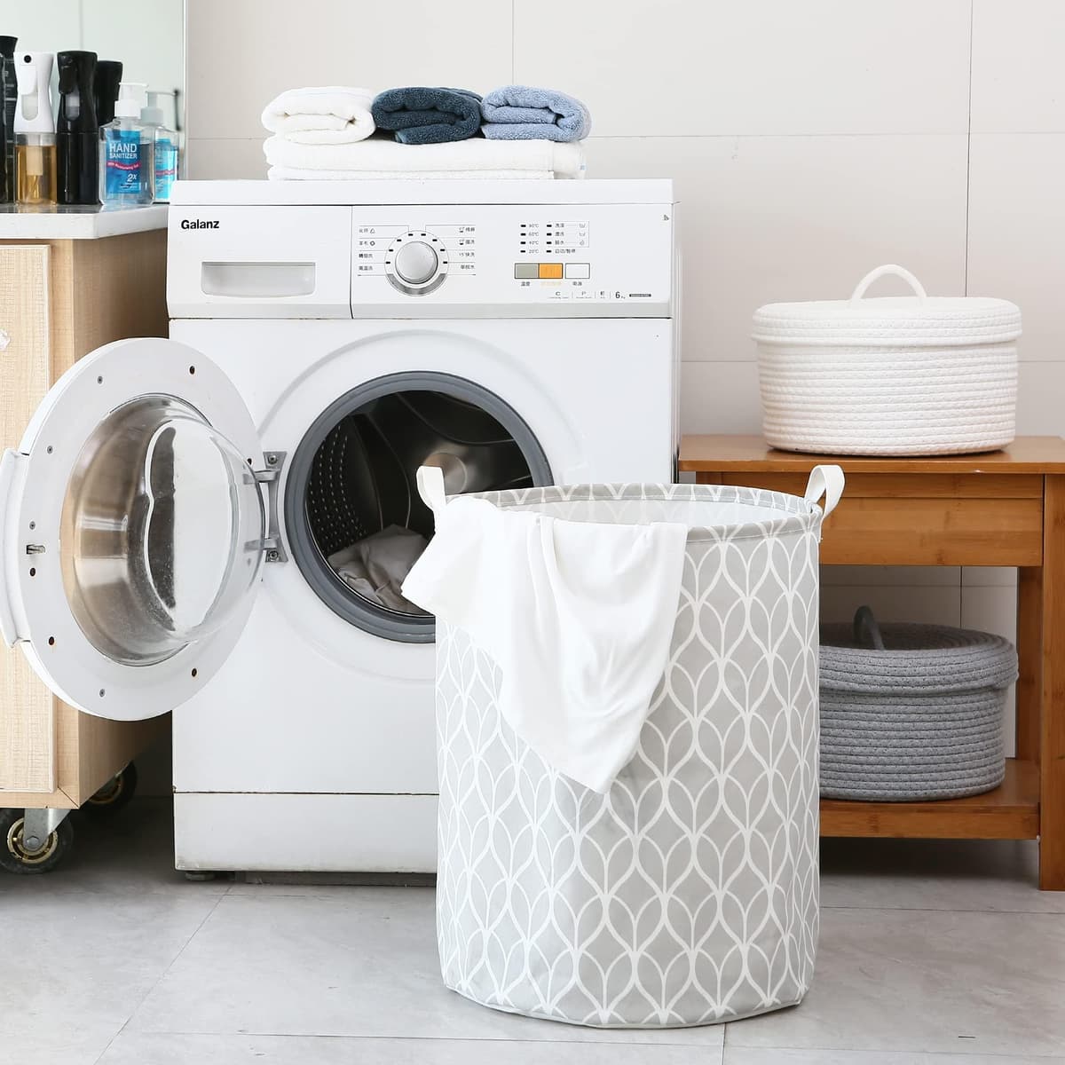 Sea Team 19.7 Inch Large Sized Waterproof Coating Ramie Cotton Fabric Folding Laundry Hamper Bucket Cylindric Burlap Canvas Storage Basket with Stylish Bud Grey Design — view 2