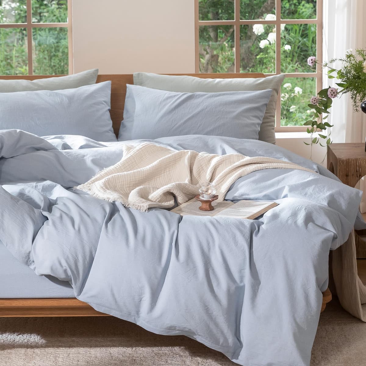 MooMee Bedding Duvet Cover Set 100% Washed Cotton Linen Like Textured Breathable Durable Soft Comfy (Tannish Linen Grey, King) — view 205