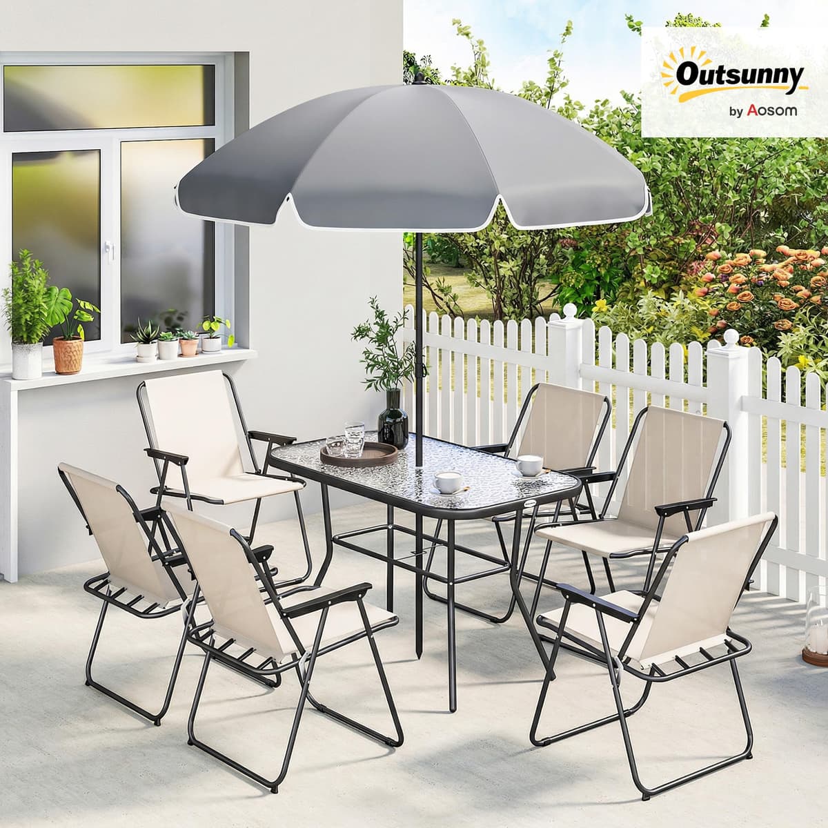 Outsunny Conjunto de Mesa y Sillas Jardín de 8 Piezas, Muebles de Jardín Exterior con Sombrilla, 6 Sillas Plegables, Mesa de Vidrio Templado, para Terraza, Patio, Crema — view 2