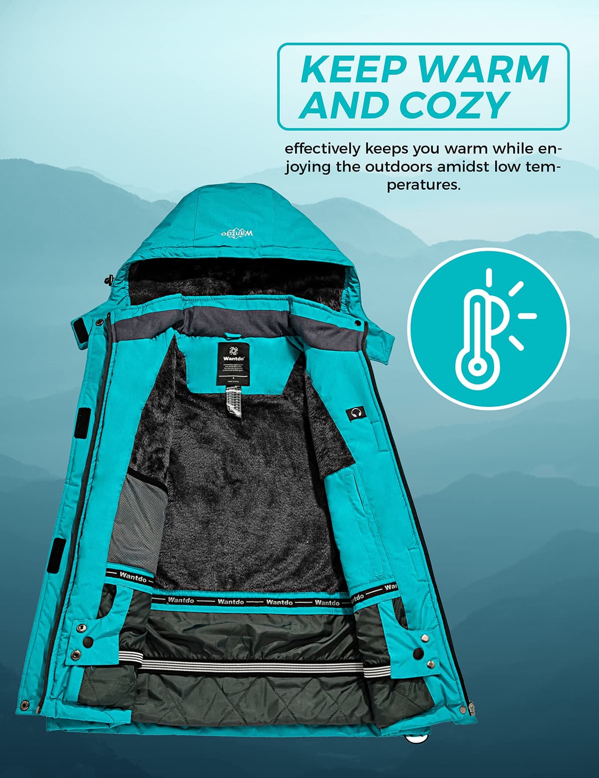 Wantdo Chaqueta de Esquí Cálida para Mujer con Forro Polar Chaqueta de Snowboard Impermeable con Capucha Abrigo de Montaña Impermeable Antiviento Mujer — view 3