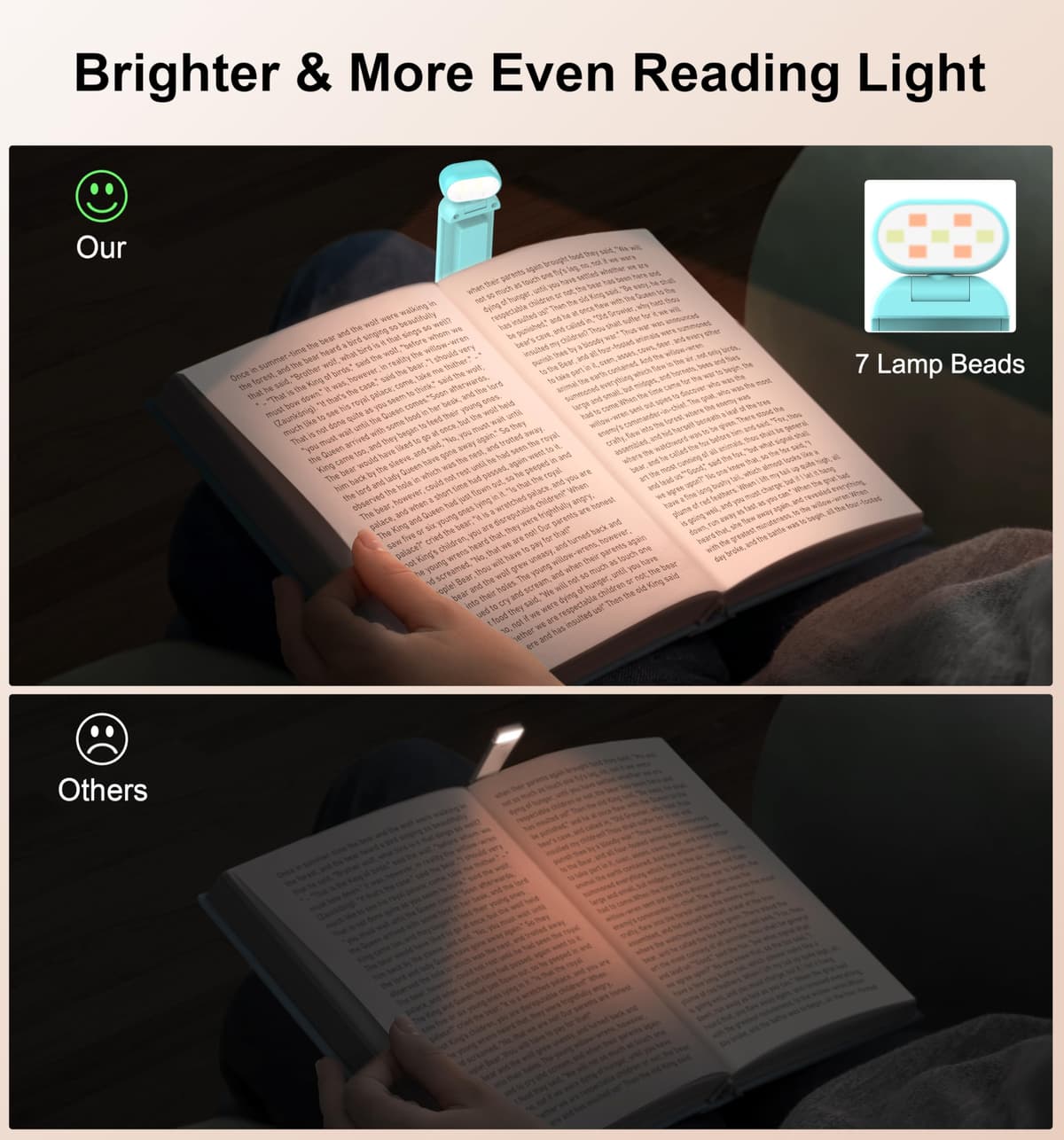 Gritin Book Light Rechargeable, Reading Light Lamp Clip on Books, Eye Caring 3 Colors, 5 Brightness & Stepless Dimming, Long Lasting up to 80hrs, Portable Mini Reading Lamp for Readers — view 3