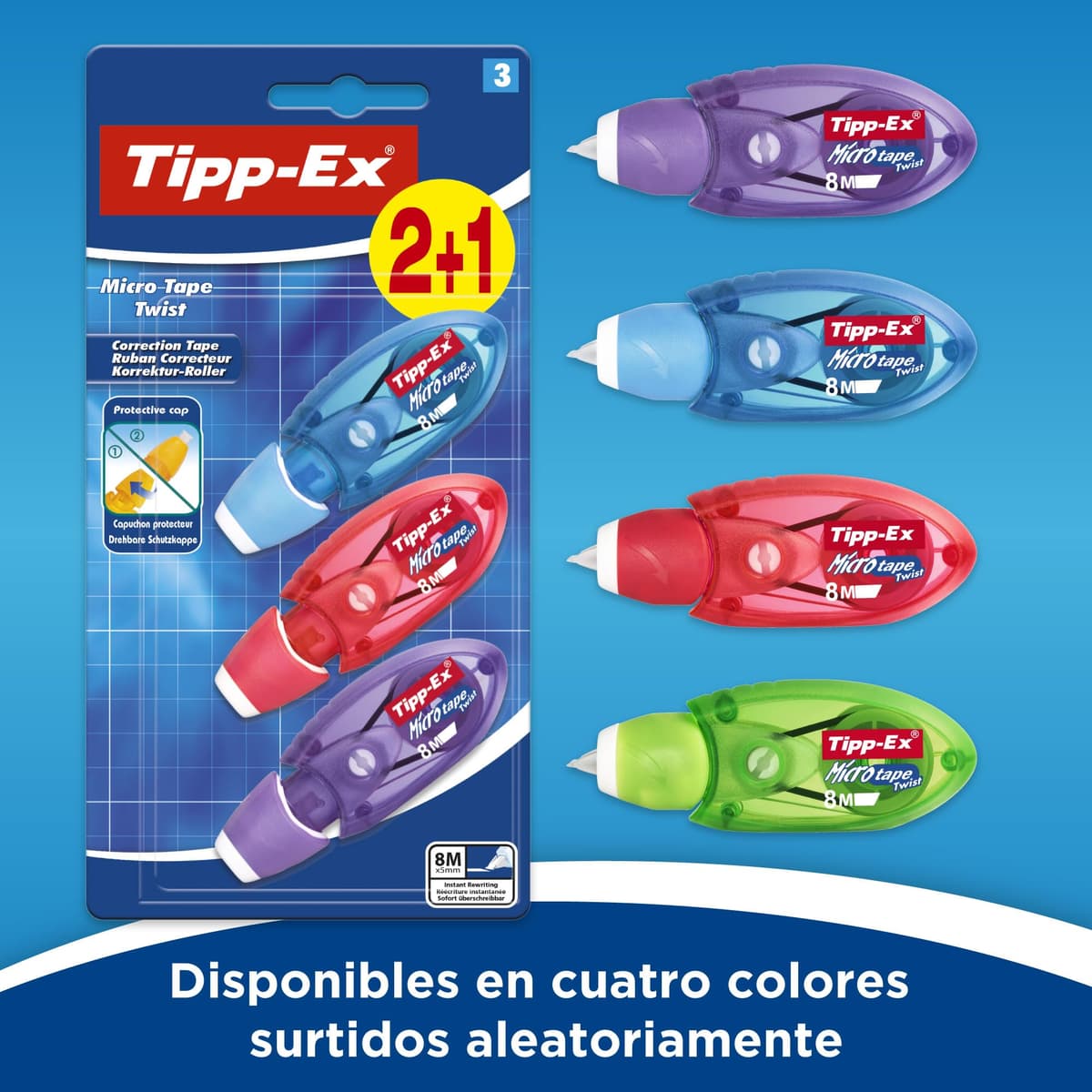 BIC Tipp-Ex Cinta Correctora de Bolígrafos, Óptimo para Material Escolar, Micro Tape Twist, 8m x 5mm, Con Cabezal Rotativo, Blíster de 3, Multicolor — view 2
