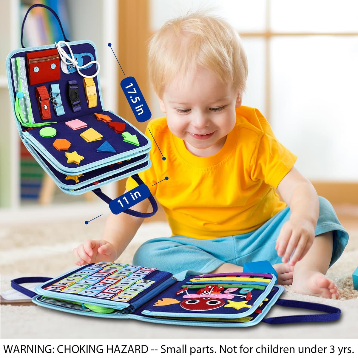 Esjay Toddler Busy Board Montessori Toys for Boys, Sensory Book Educational Activities for Learning Fine Motor Skills, Birthday Gifts for Boys Toddlers, Travel Toys for Airplane Car, Blue Dinosaur — view 5