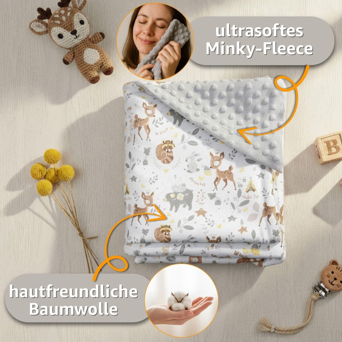 Manta porteo saco para silla de coche paseo capazo y carro verano 90x90 cm - universal arrullo cobertor cochecito para niños y niñas lavable y transpirable Minky Oeko-Tex Jirafas — view 4