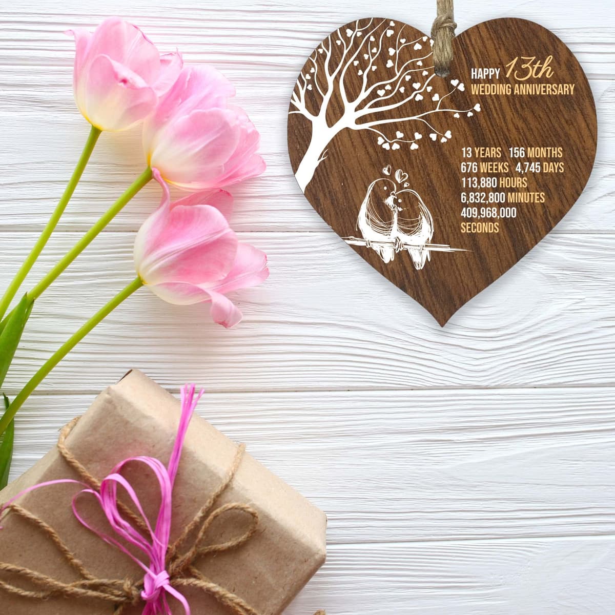 13th Wedding Anniversary Wooden Heart Plaque, Dark Wood Sign Keepsake, Celebrate Lace Anniversary Wife Husband Boyfriend Girlfriend, Plaque with Quotes Gifts from the Kids — view 5