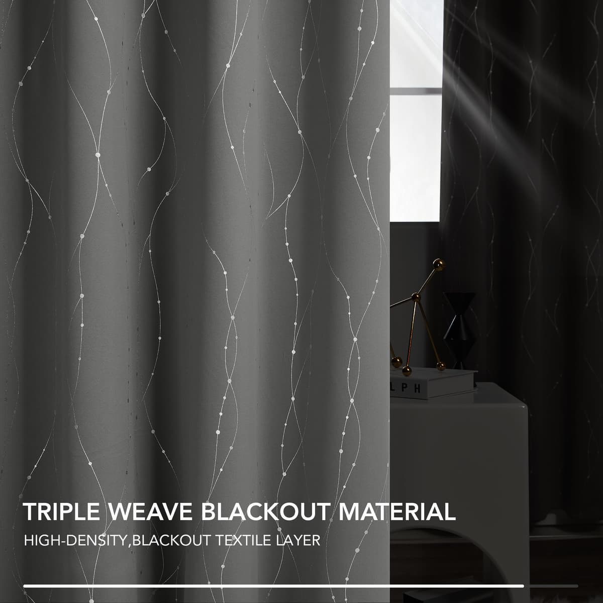 Deconovo Decorative Silver Dotted Line Foil Printed Blackout Curtains Thermal Insulated Curtains Eyelet Curtains for Baby Nursery 52 x 54 Inch Light Grey 2 Panels — view 5